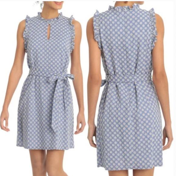 London Times Blue White Floral Daisy Eyelet Ruffle Shirt Dress 4P P4 4 Petite - Picture 13 of 13